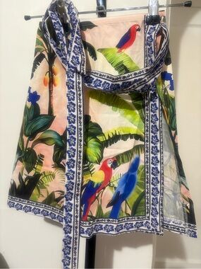 100% Cotton 🌺Floral Strap Sundress with Blue Hibiscus Trim - Peach & Green